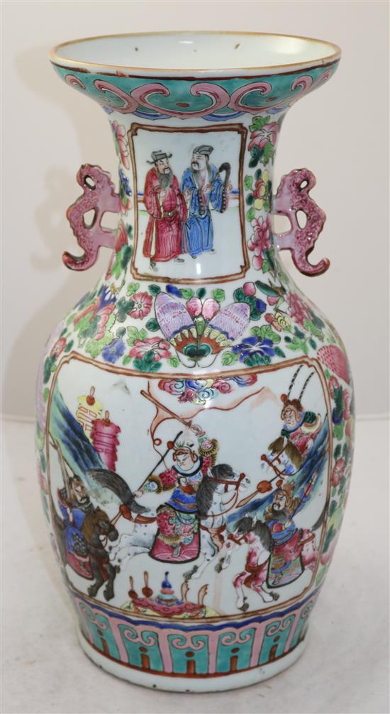 A Chinese Canton-decorated famille rose baluster vase, mid 19th century, 42.5cm, body crack